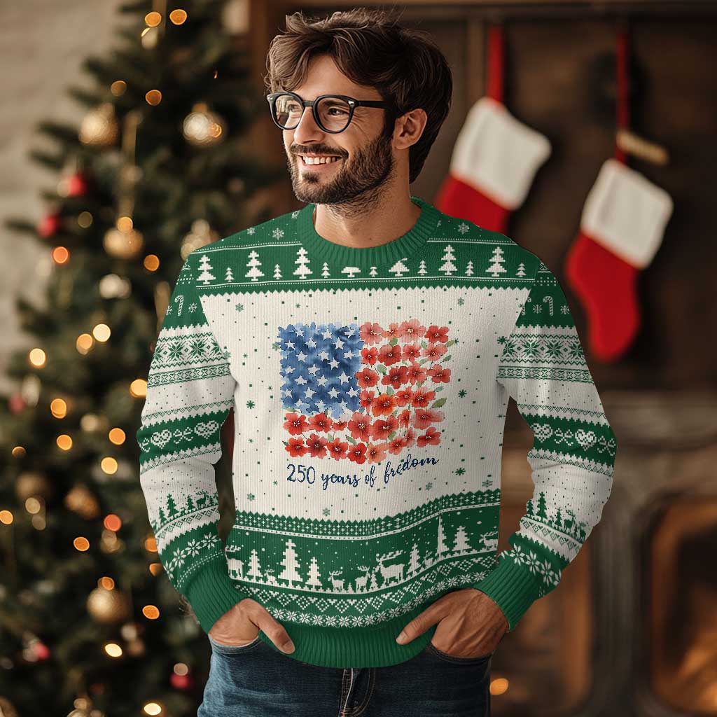 US 250 Years Of Freedom Ugly Christmas Sweater Retro Flower American Flag