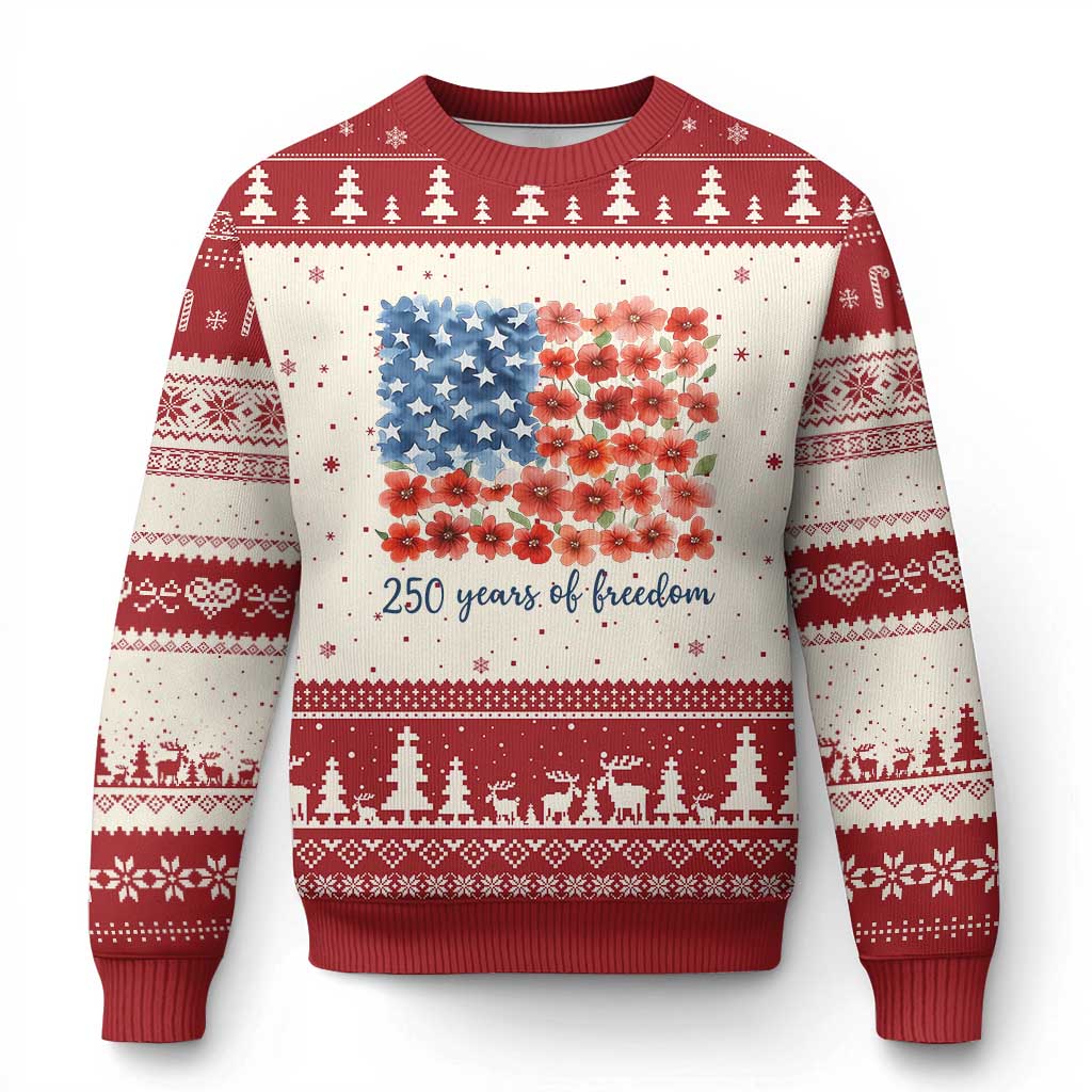 US 250 Years Of Freedom Ugly Christmas Sweater Retro Flower American Flag