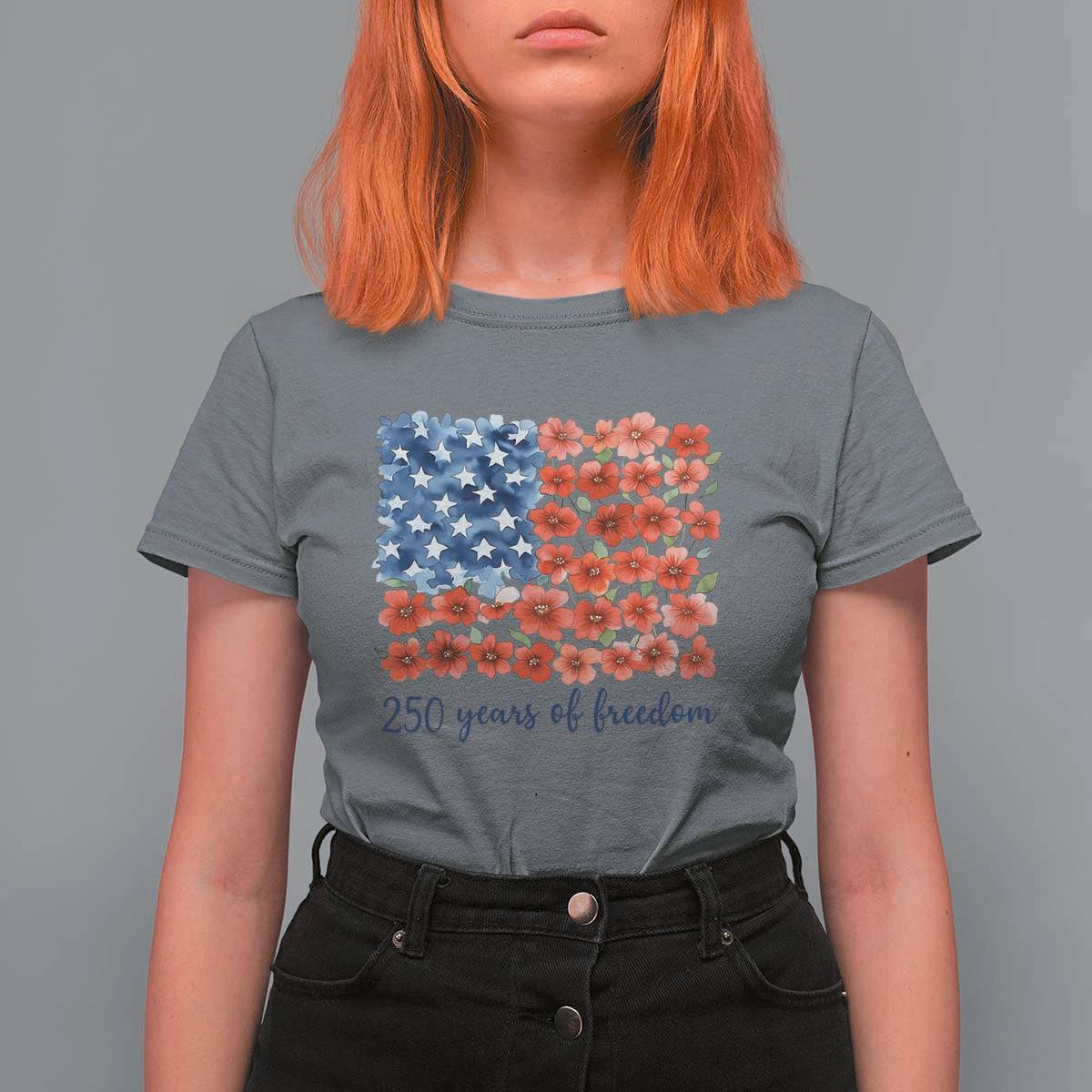 US 250 Years Of Freedom T Shirt For Women Retro Flower American Flag