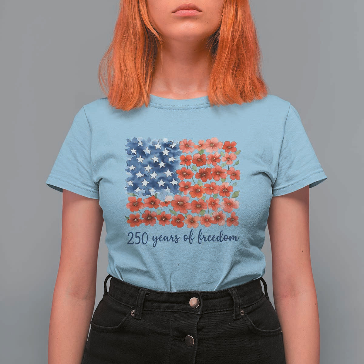 US 250 Years Of Freedom T Shirt For Women Retro Flower American Flag