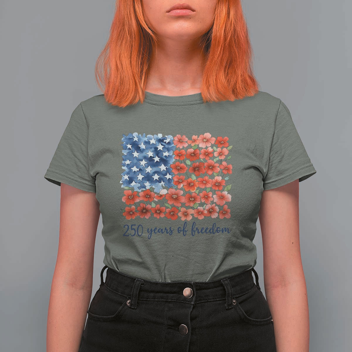 US 250 Years Of Freedom T Shirt For Women Retro Flower American Flag