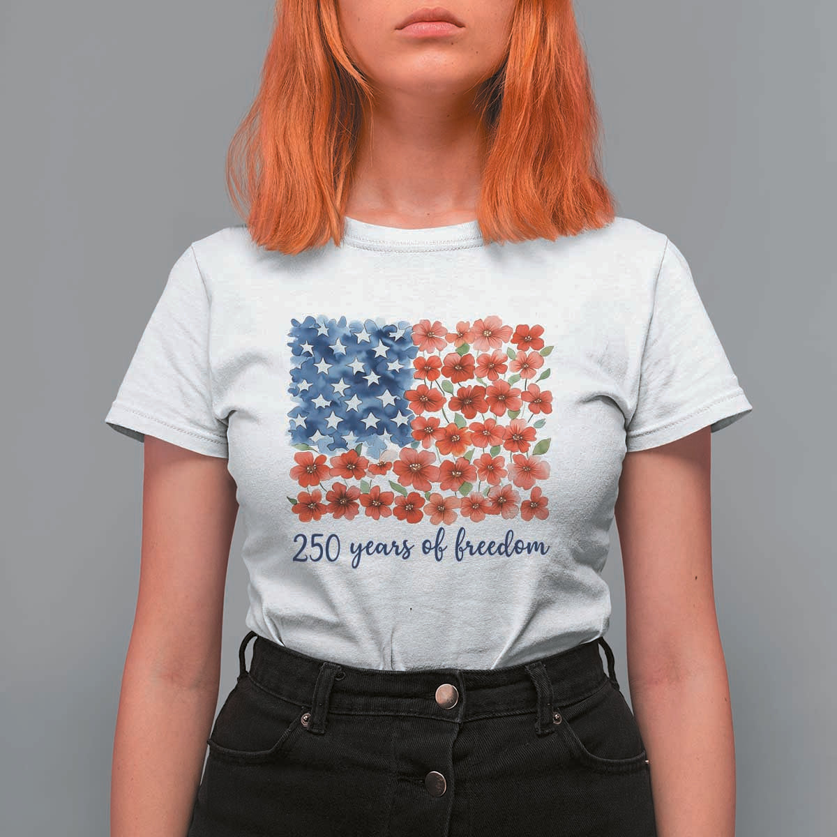 US 250 Years Of Freedom T Shirt For Women Retro Flower American Flag