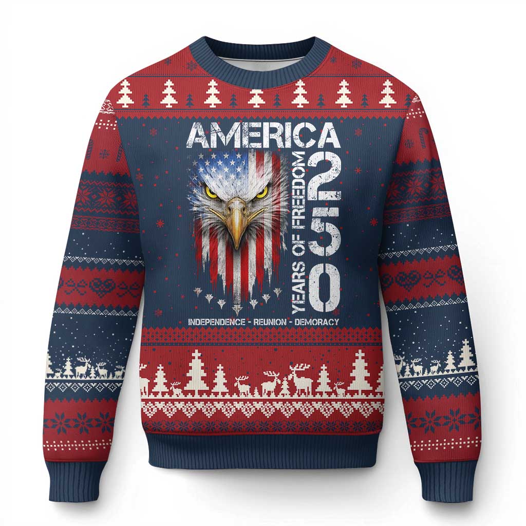 America 250 Years Of Freedom Ugly Christmas Sweater USA Anniversary Bald Eagle Patriotic Jets