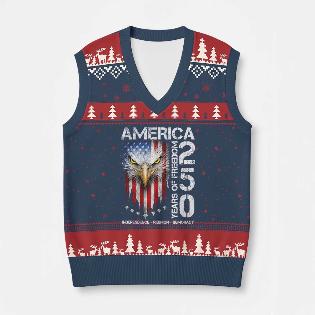 America 250 Years Of Freedom V-Neck Knit Sweater Vest USA Anniversary Bald Eagle Patriotic Jets