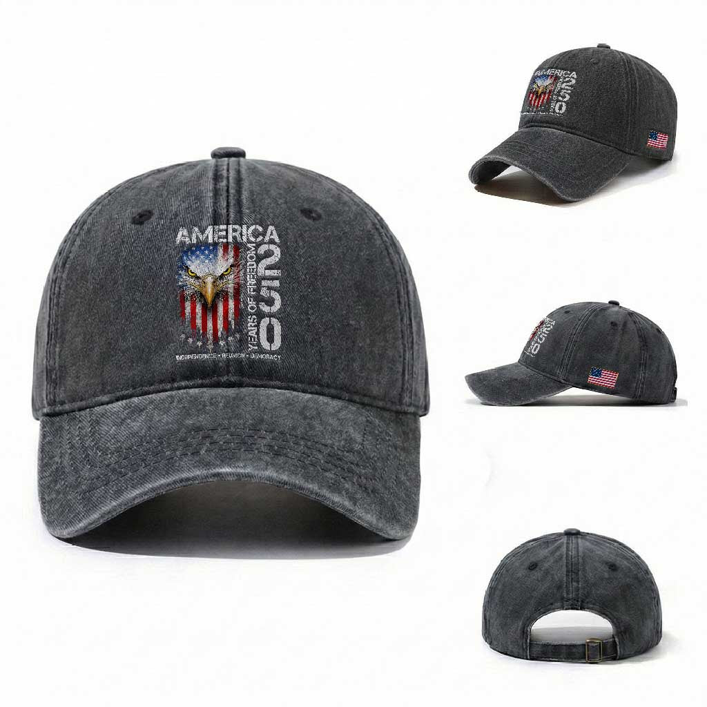 America 250 Years Of Freedom Washed Cotton Baseball Cap USA Anniversary Bald Eagle Patriotic Jets