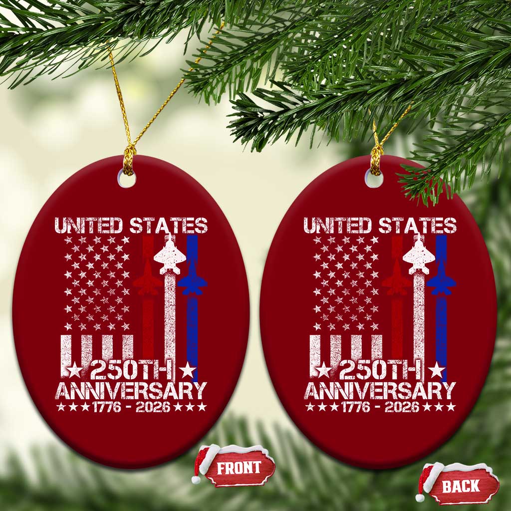 USA 250th Anniversary Ceramic Ornament Vintage American Flag Jets Semiquincentennial