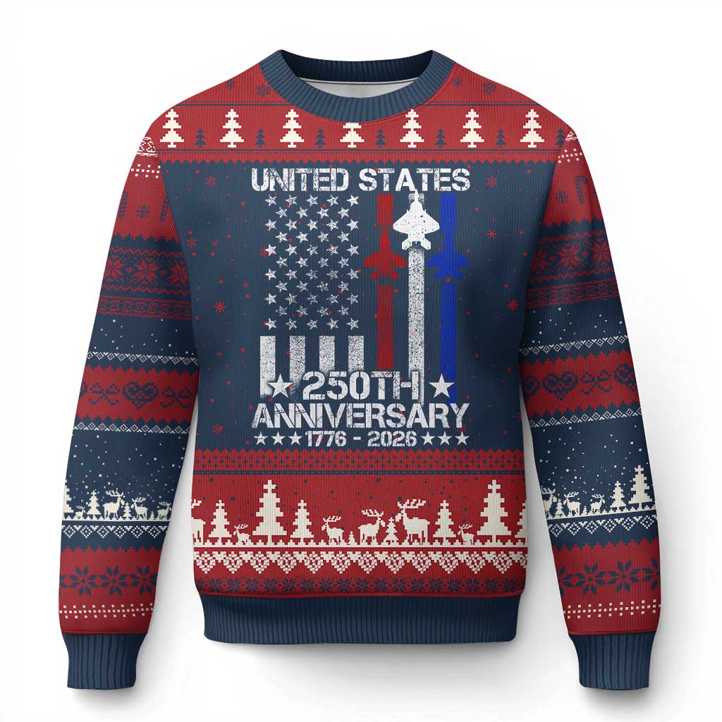 USA 250th Anniversary Ugly Christmas Sweater Vintage American Flag Jets Semiquincentennial