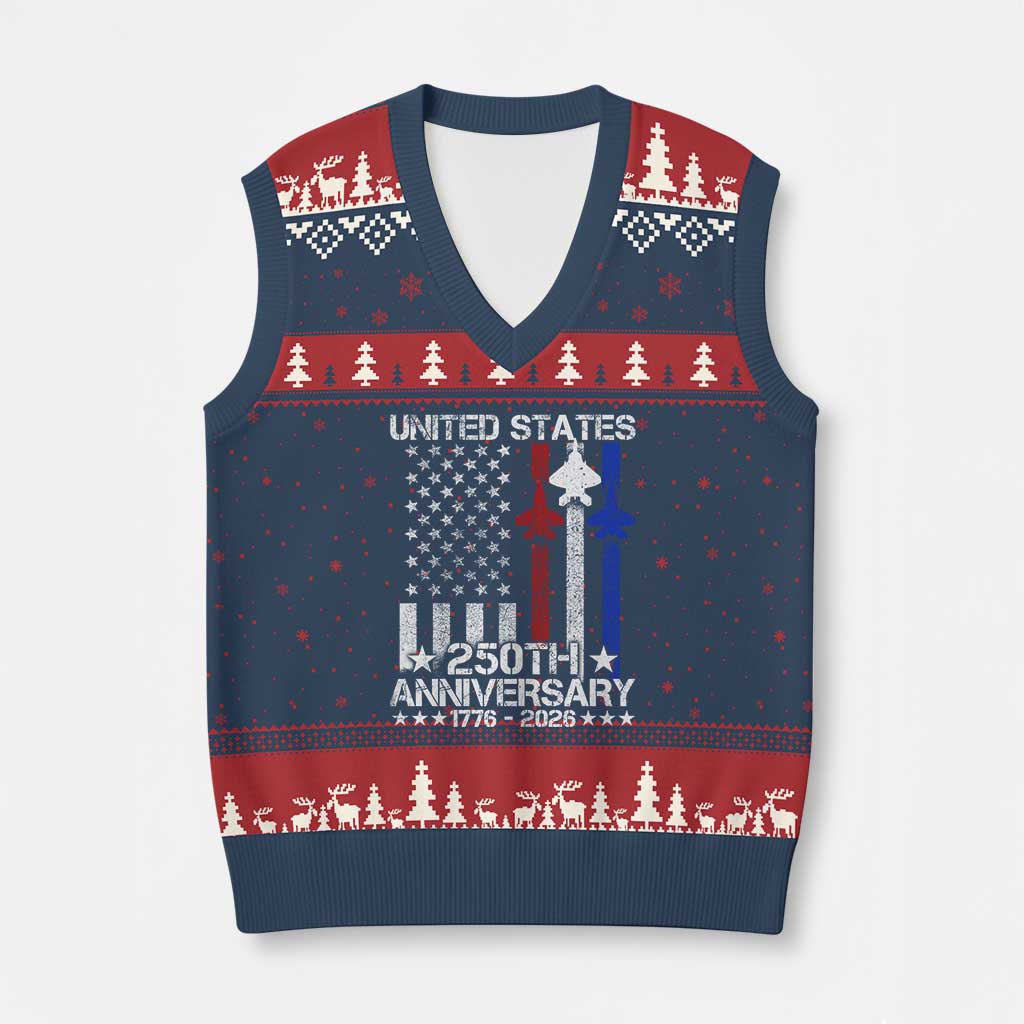 USA 250th Anniversary V-Neck Knit Sweater Vest Vintage American Flag Jets Semiquincentennial