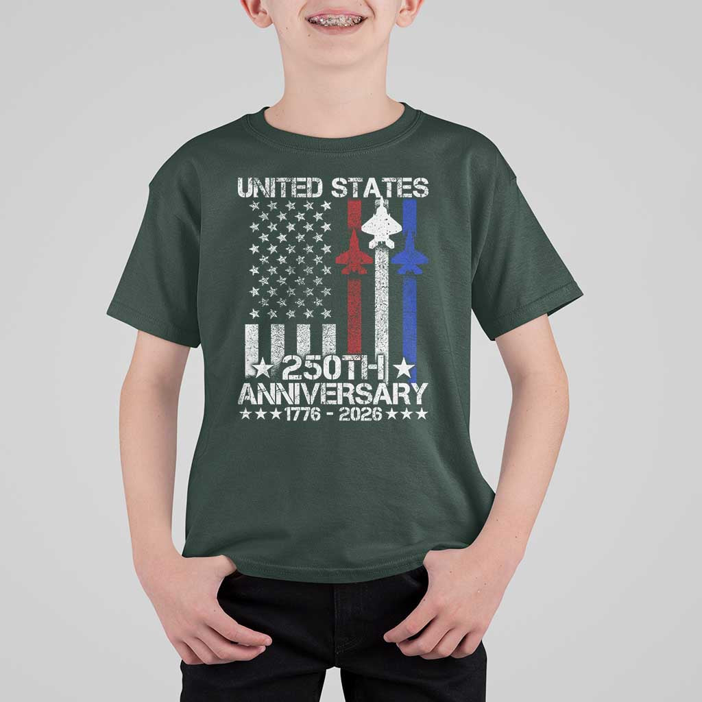 USA 250th Anniversary T Shirt For Kid Vintage American Flag Jets Semiquincentennial