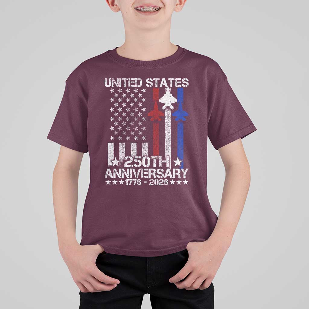 USA 250th Anniversary T Shirt For Kid Vintage American Flag Jets Semiquincentennial