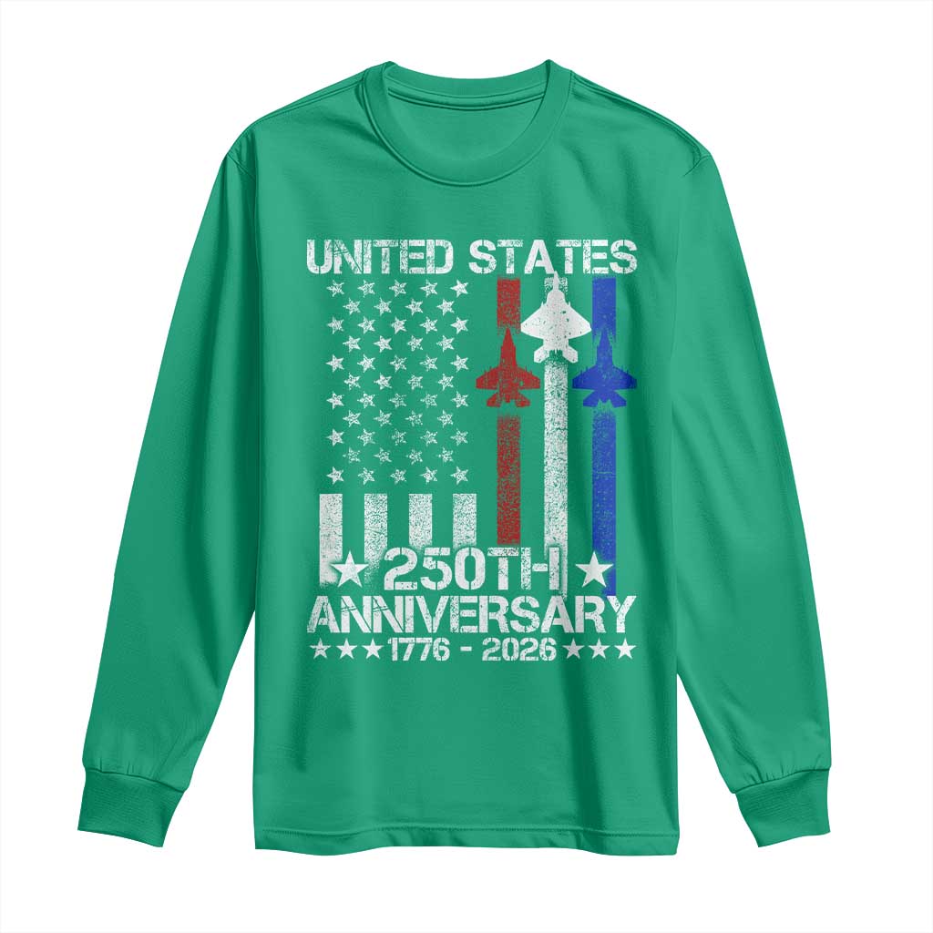 USA 250th Anniversary Long Sleeve Shirt Vintage American Flag Jets Semiquincentennial