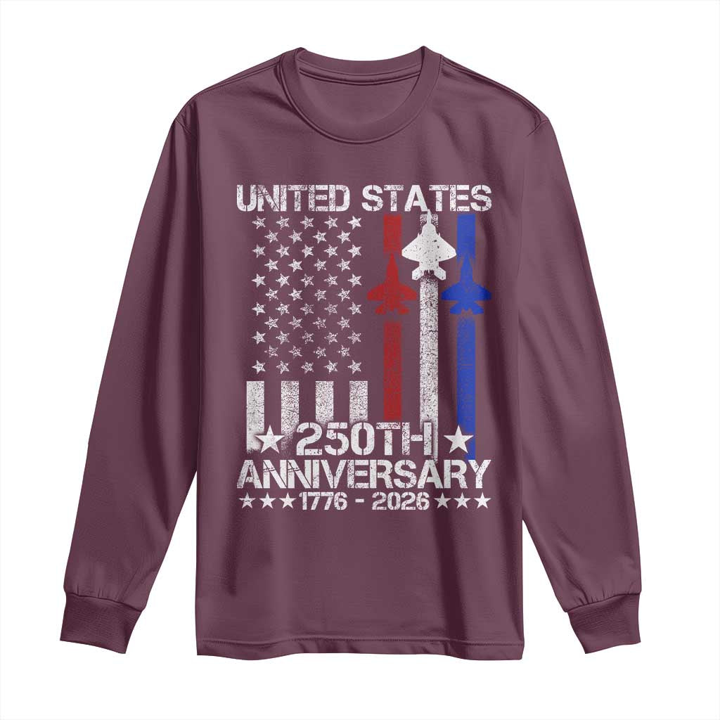 USA 250th Anniversary Long Sleeve Shirt Vintage American Flag Jets Semiquincentennial