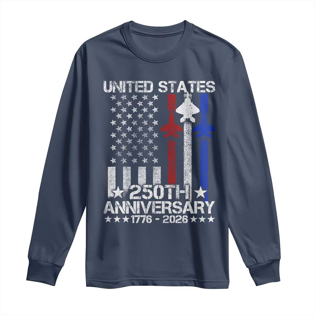 USA 250th Anniversary Long Sleeve Shirt Vintage American Flag Jets Semiquincentennial