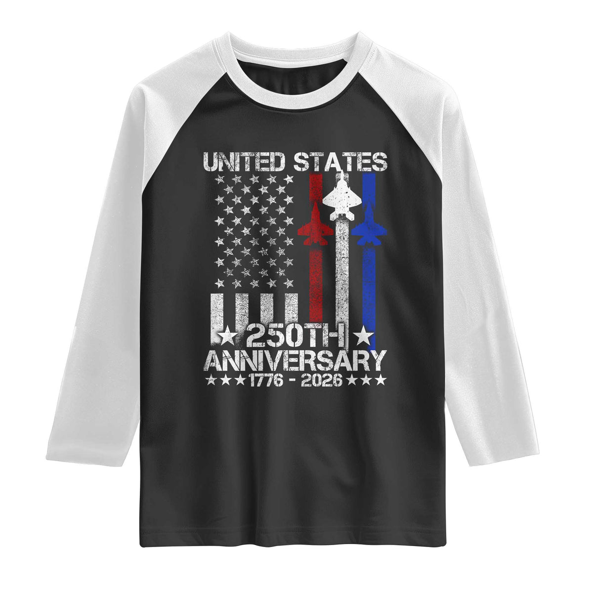 USA 250th Anniversary Raglan Shirt Vintage American Flag Jets Semiquincentennial