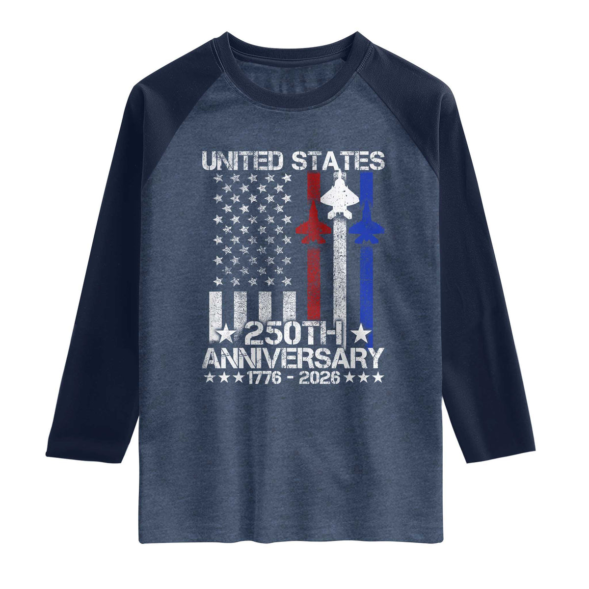 USA 250th Anniversary Raglan Shirt Vintage American Flag Jets Semiquincentennial