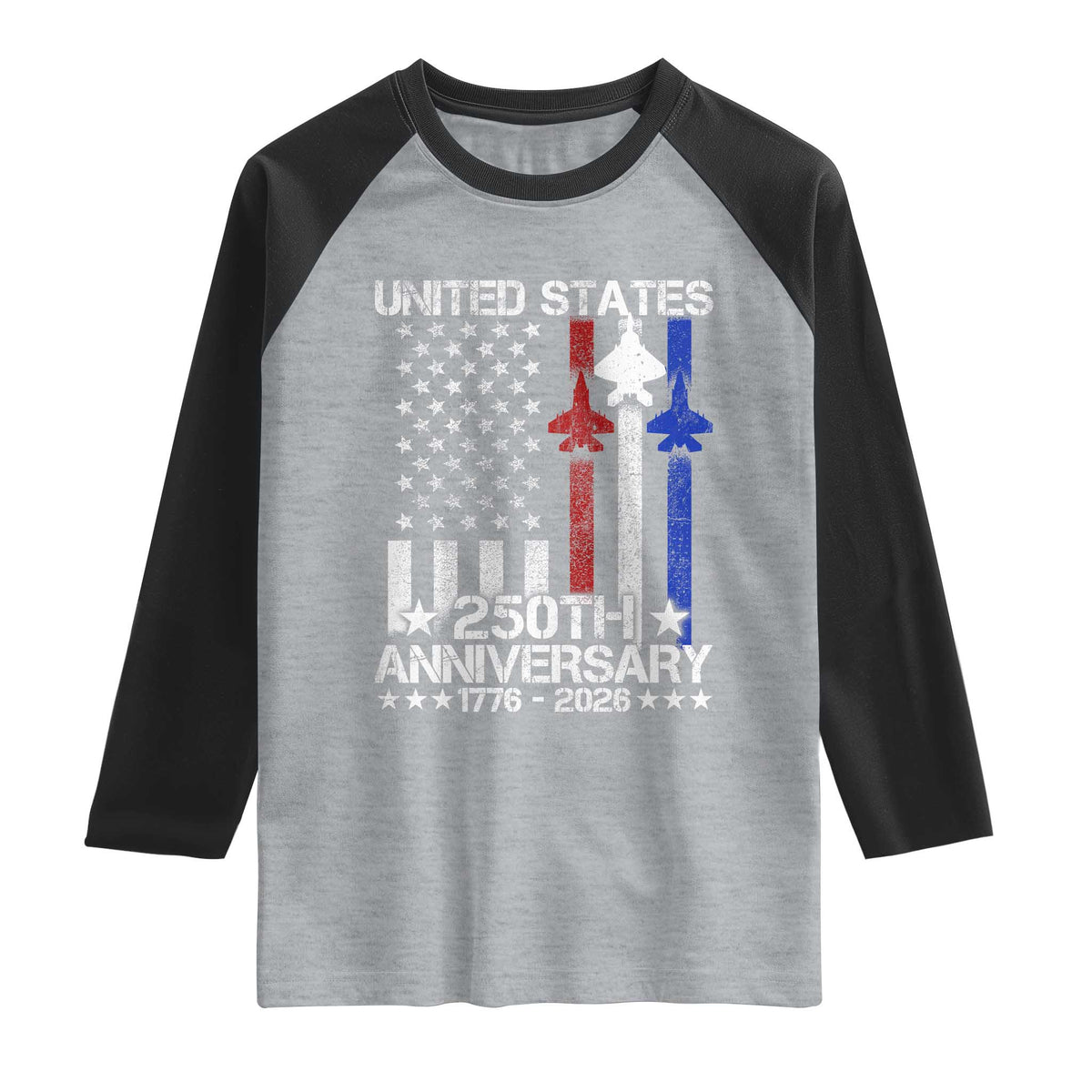 USA 250th Anniversary Raglan Shirt Vintage American Flag Jets Semiquincentennial