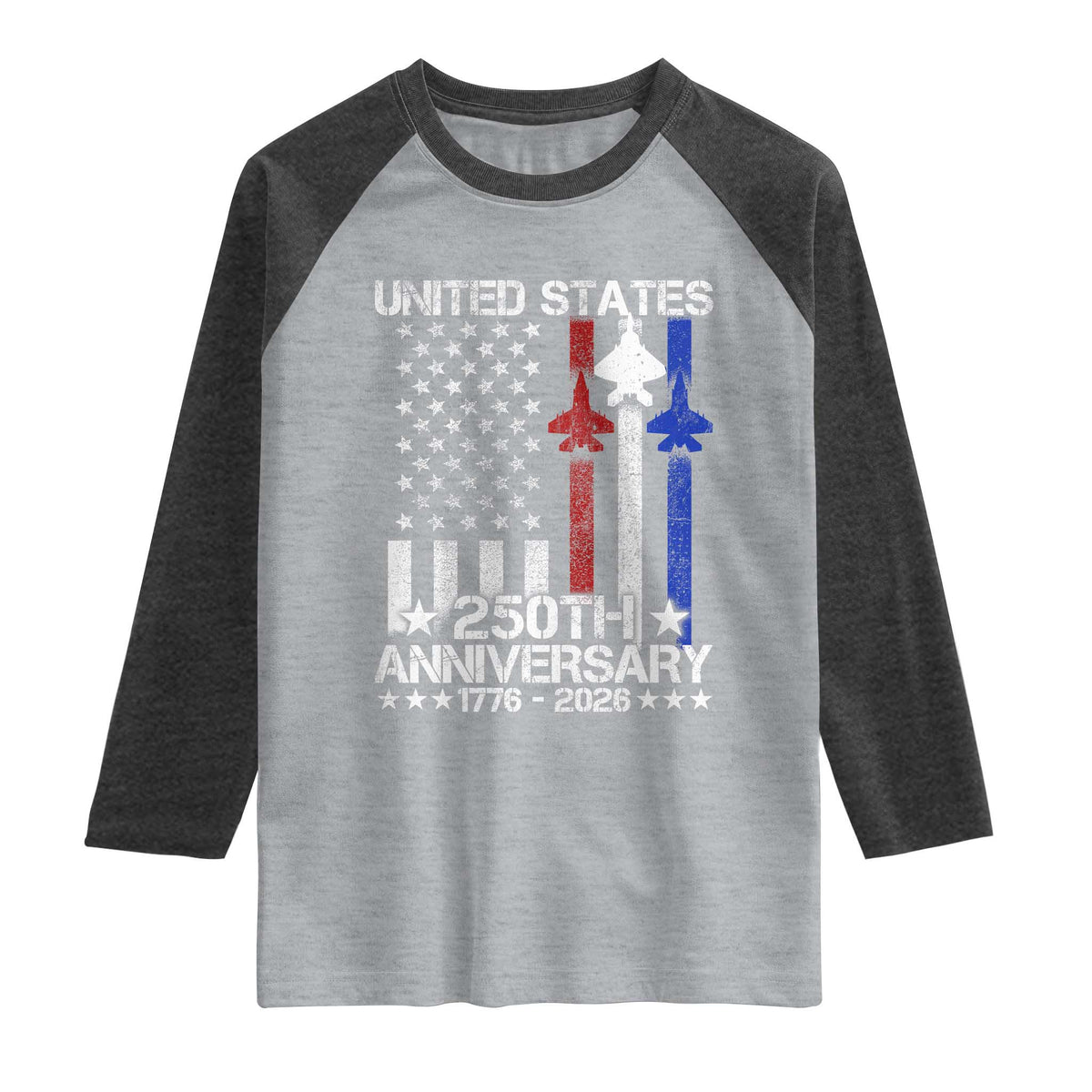 USA 250th Anniversary Raglan Shirt Vintage American Flag Jets Semiquincentennial
