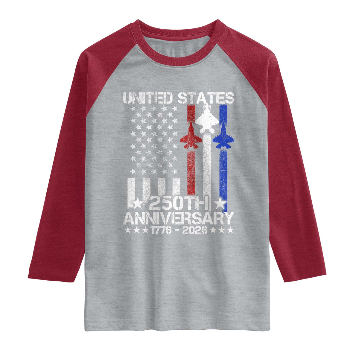 USA 250th Anniversary Raglan Shirt Vintage American Flag Jets Semiquincentennial