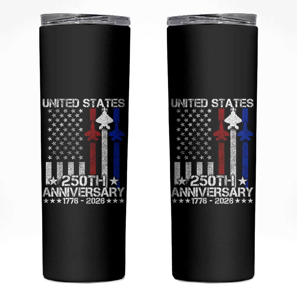 USA 250th Anniversary Skinny Tumbler Vintage American Flag Jets Semiquincentennial