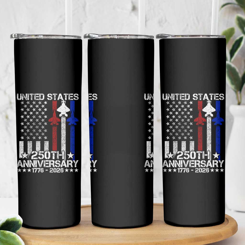 USA 250th Anniversary Skinny Tumbler Vintage American Flag Jets Semiquincentennial