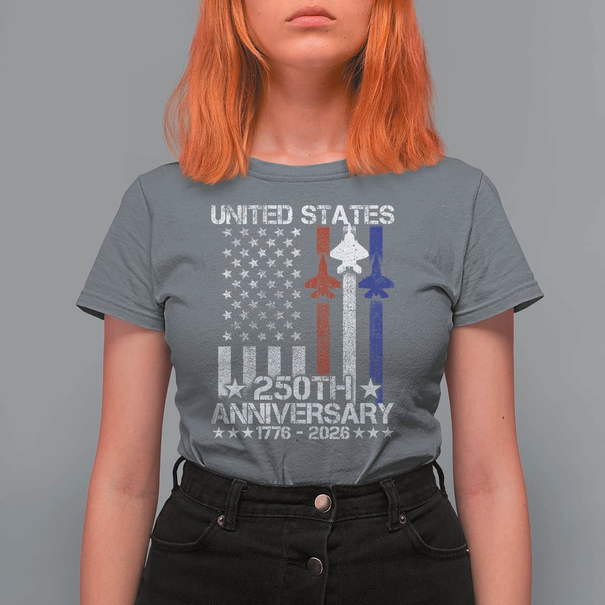 USA 250th Anniversary T Shirt For Women Vintage American Flag Jets Semiquincentennial