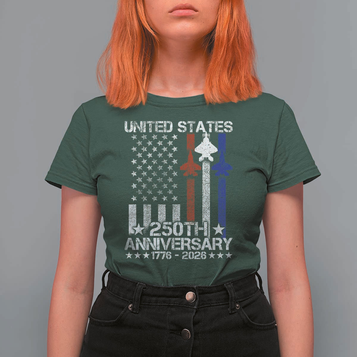 USA 250th Anniversary T Shirt For Women Vintage American Flag Jets Semiquincentennial