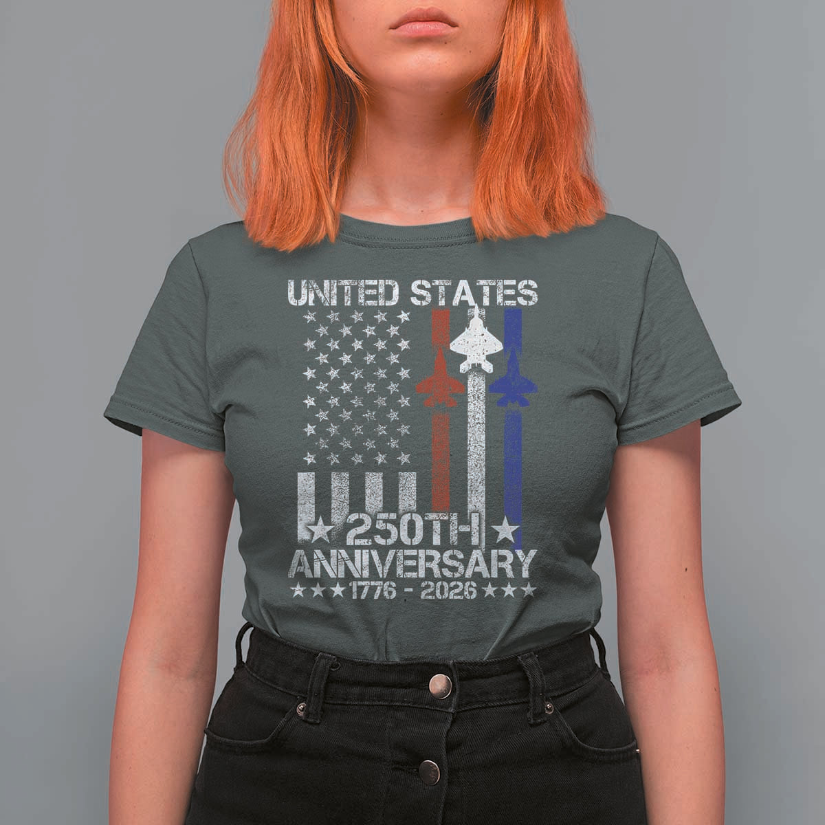 USA 250th Anniversary T Shirt For Women Vintage American Flag Jets Semiquincentennial