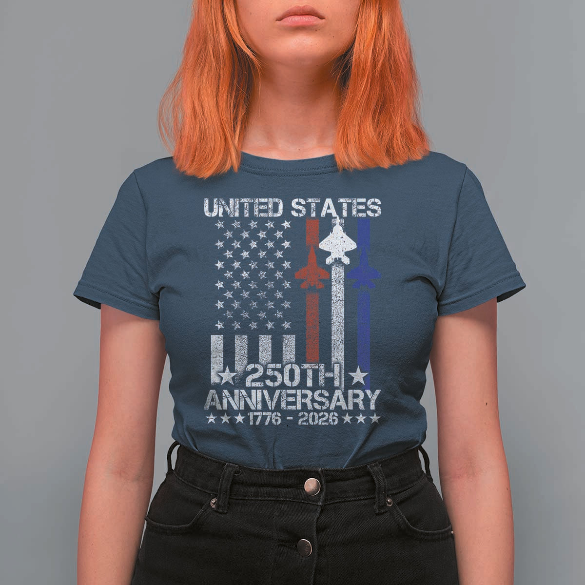USA 250th Anniversary T Shirt For Women Vintage American Flag Jets Semiquincentennial