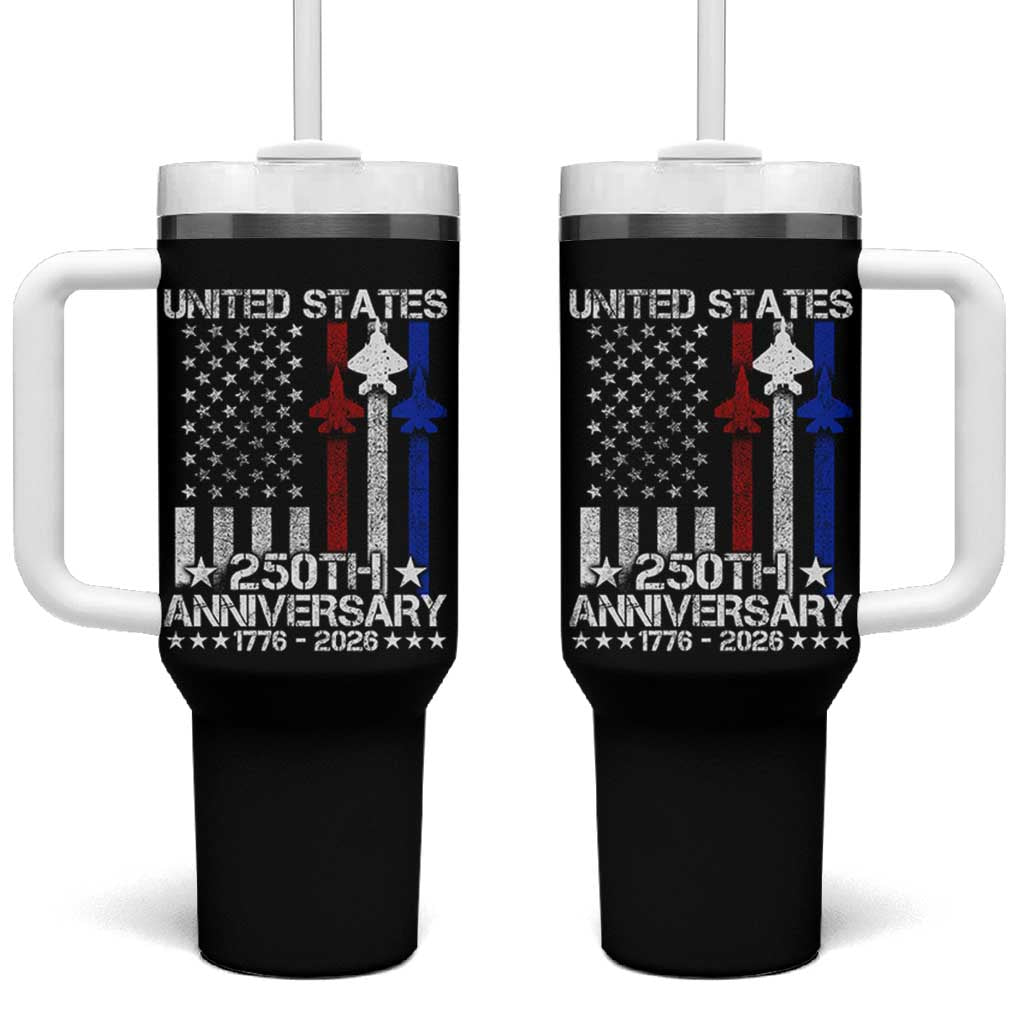 USA 250th Anniversary Tumbler With Handle Vintage American Flag Jets Semiquincentennial