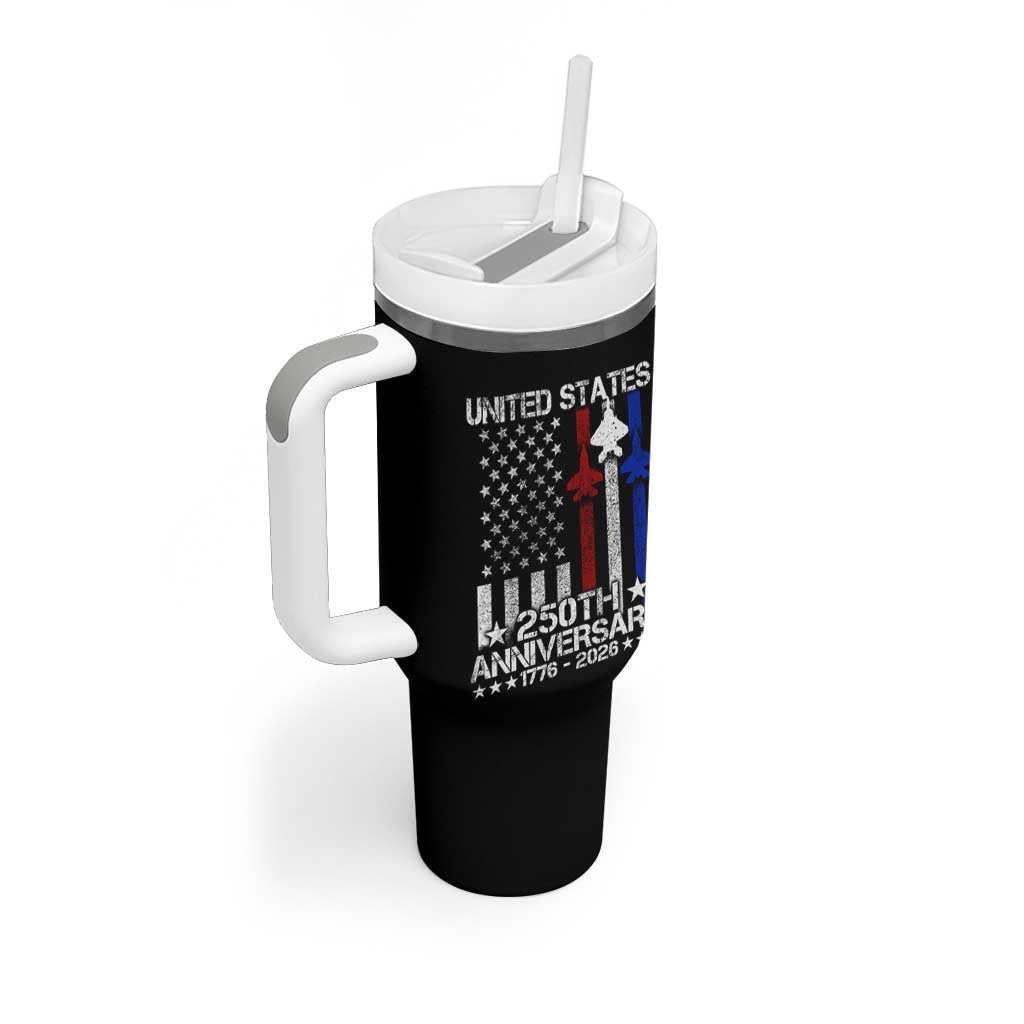 USA 250th Anniversary Tumbler With Handle Vintage American Flag Jets Semiquincentennial