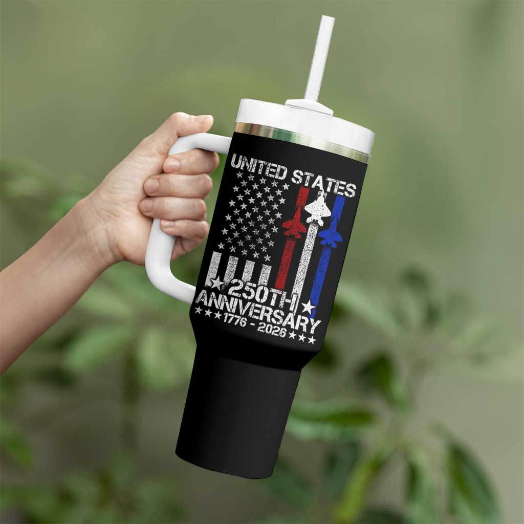 USA 250th Anniversary Tumbler With Handle Vintage American Flag Jets Semiquincentennial