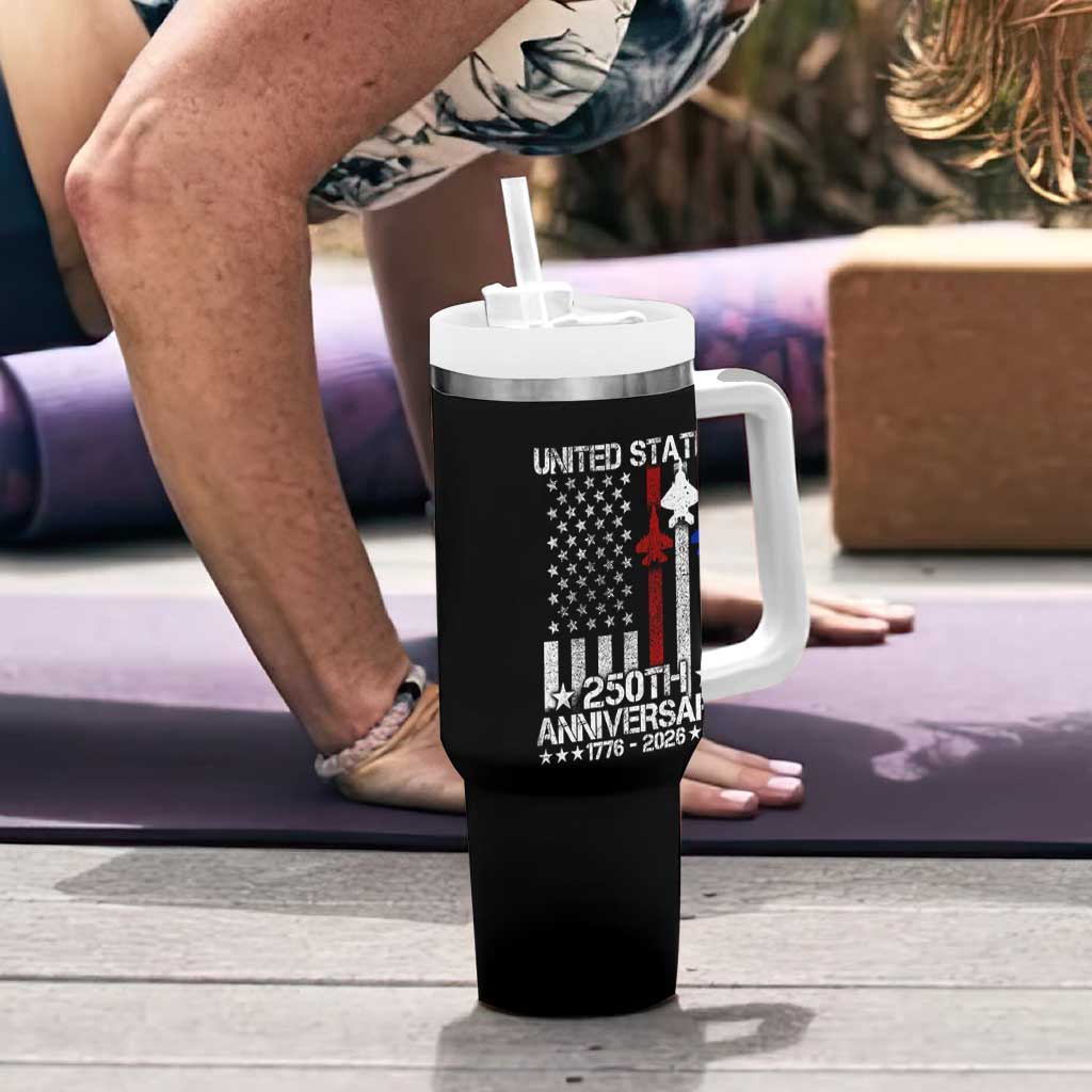 USA 250th Anniversary Tumbler With Handle Vintage American Flag Jets Semiquincentennial