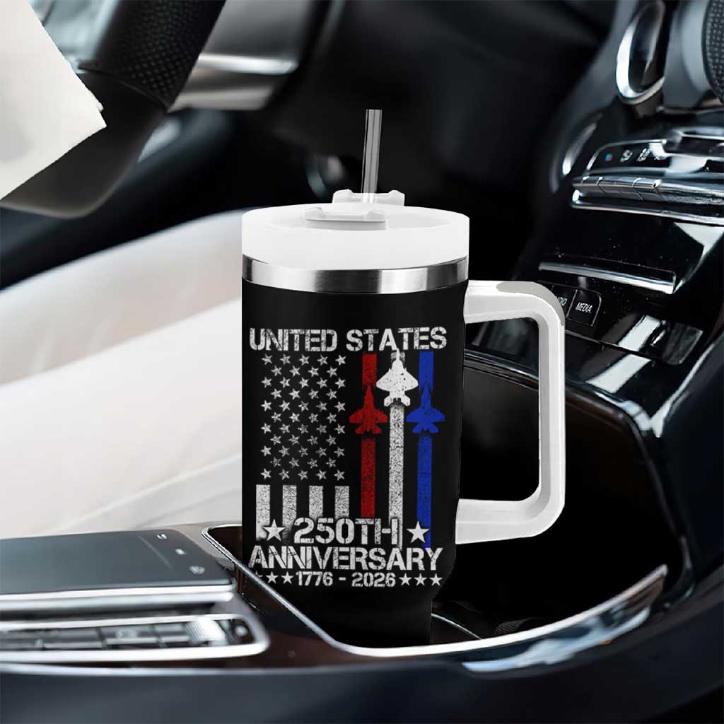 USA 250th Anniversary Tumbler With Handle Vintage American Flag Jets Semiquincentennial