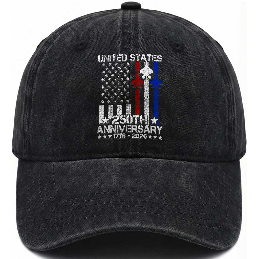 USA 250th Anniversary Washed Cotton Baseball Cap Vintage American Flag Jets Semiquincentennial