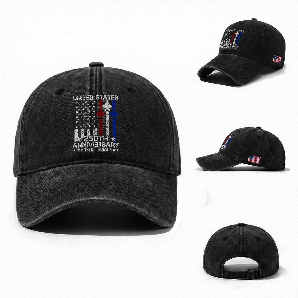 USA 250th Anniversary Washed Cotton Baseball Cap Vintage American Flag Jets Semiquincentennial