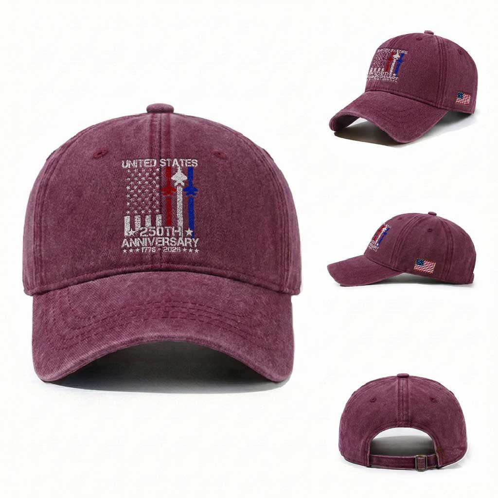 USA 250th Anniversary Washed Cotton Baseball Cap Vintage American Flag Jets Semiquincentennial