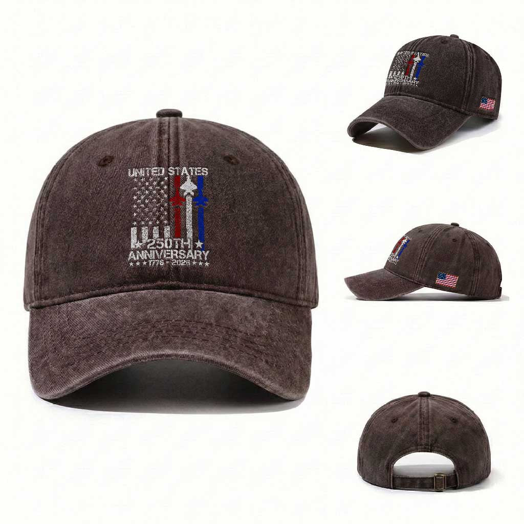 USA 250th Anniversary Washed Cotton Baseball Cap Vintage American Flag Jets Semiquincentennial