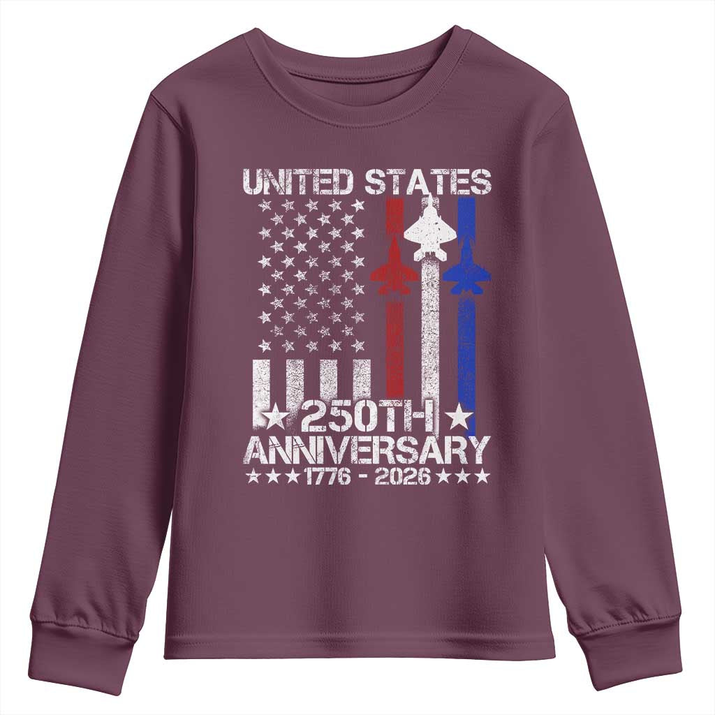 USA 250th Anniversary Youth Sweatshirt Vintage American Flag Jets Semiquincentennial