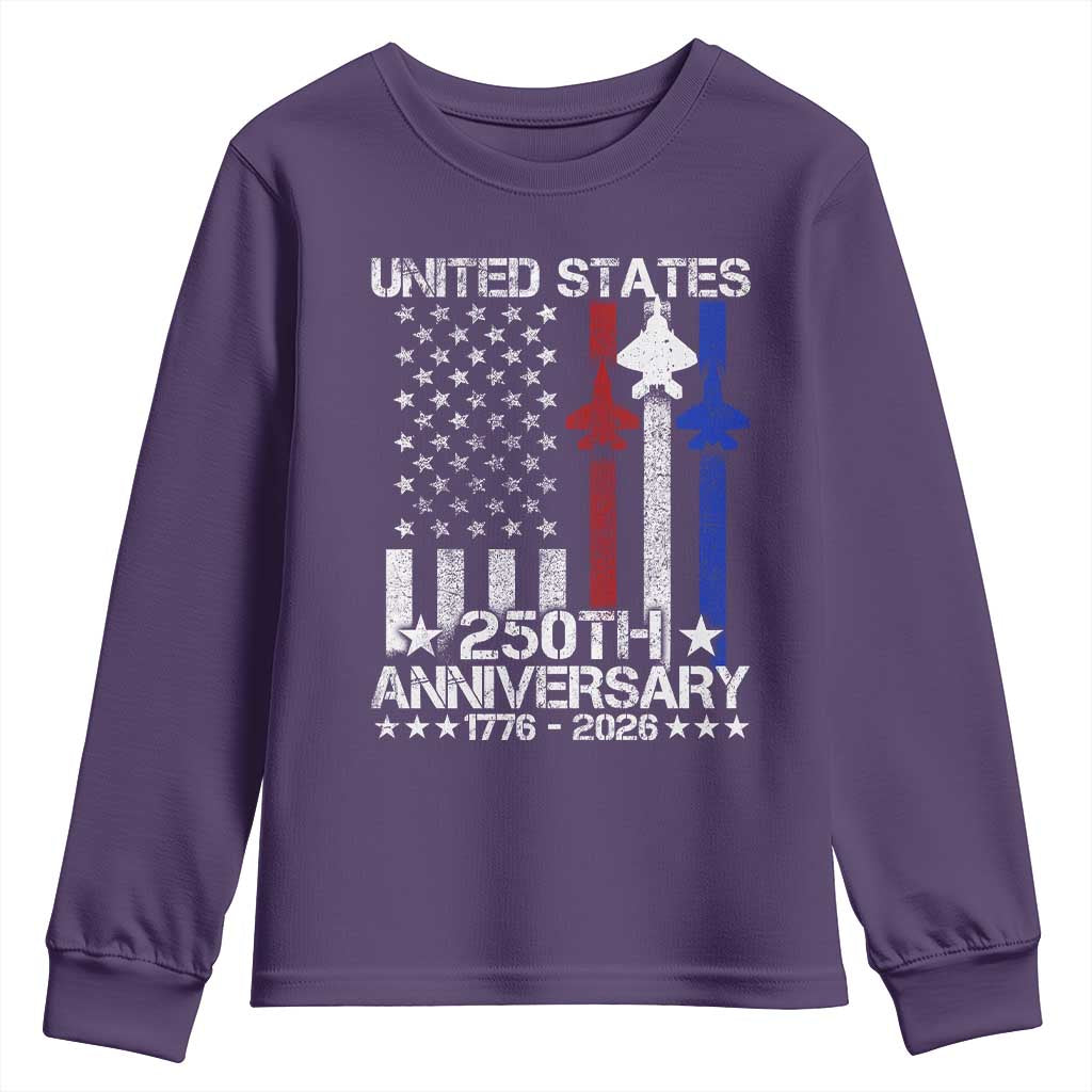 USA 250th Anniversary Youth Sweatshirt Vintage American Flag Jets Semiquincentennial