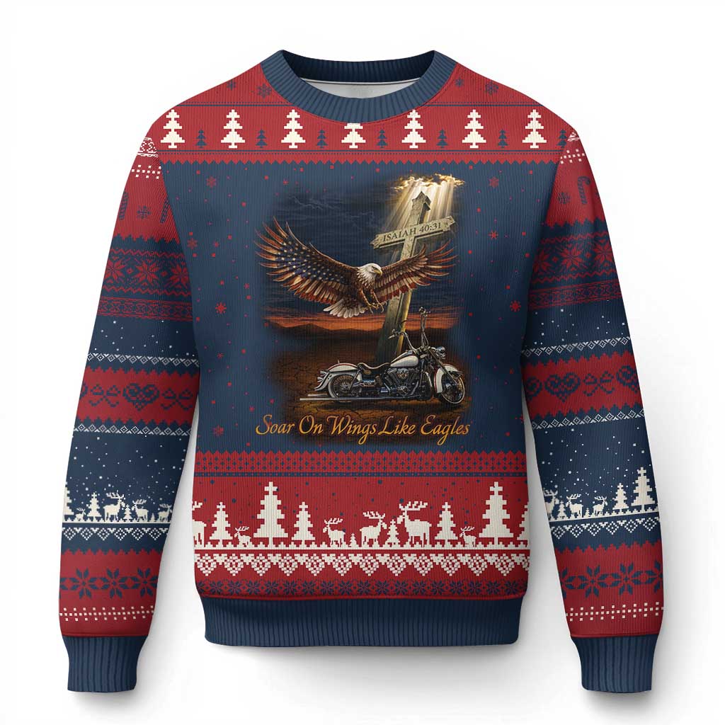 Soar On Wings Like Eagles Christian Ugly Christmas Sweater Isaiah 40:31 Bible Verse Faith Motorcycle
