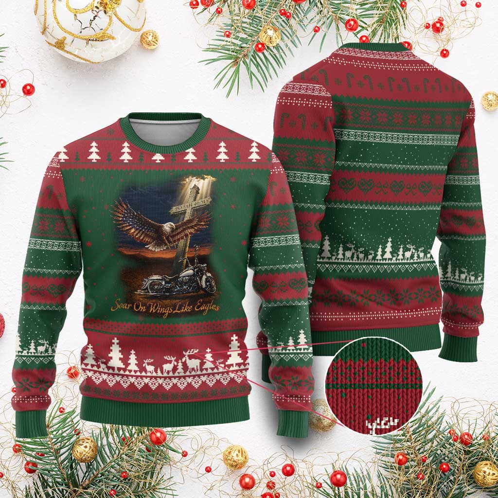 Soar On Wings Like Eagles Christian Ugly Christmas Sweater Isaiah 40:31 Bible Verse Faith Motorcycle