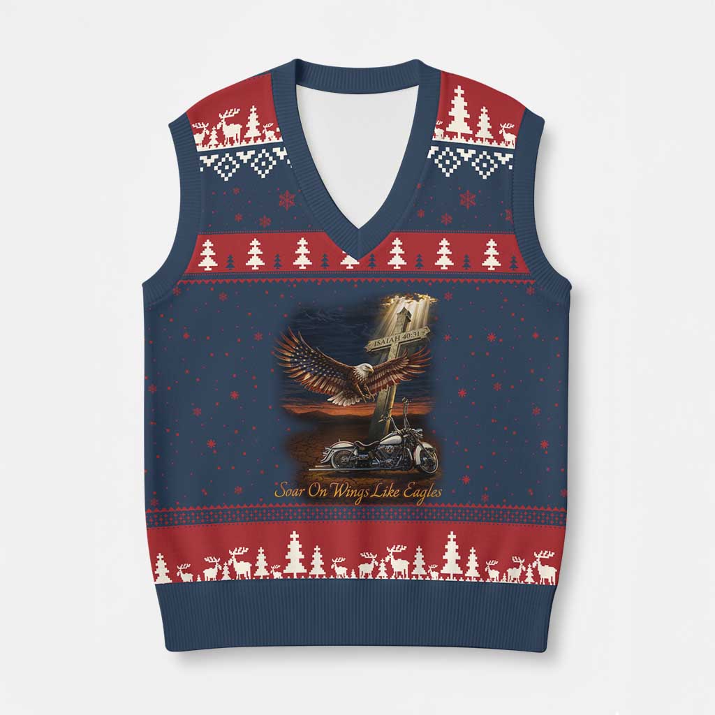 Soar On Wings Like Eagles Christian V-Neck Knit Sweater Vest Isaiah 40:31 Bible Verse Faith Motorcycle