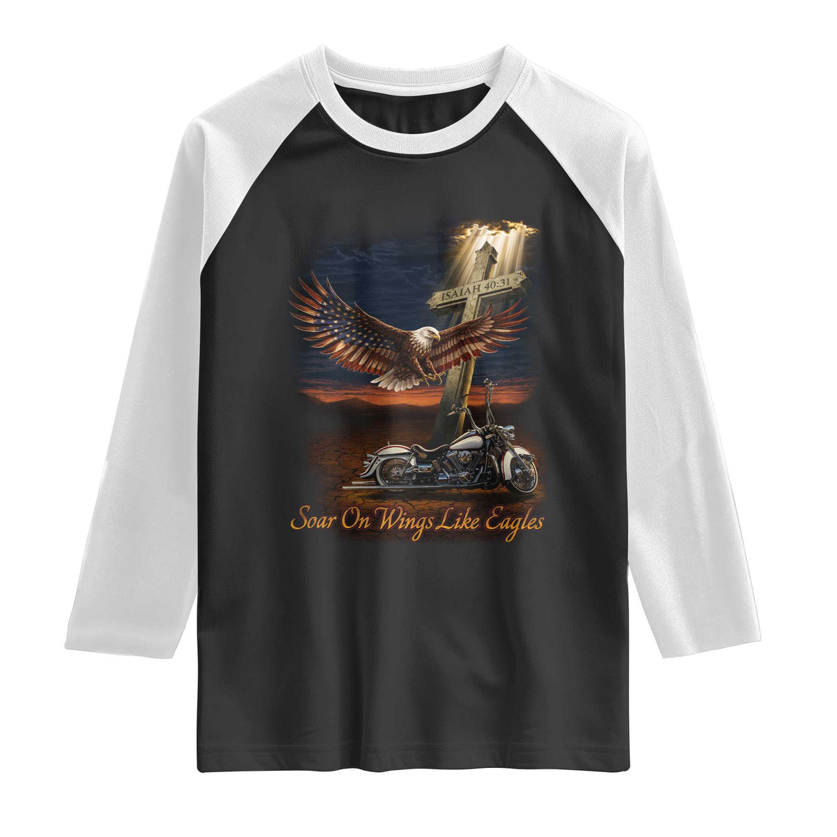 Soar On Wings Like Eagles Christian Raglan Shirt Isaiah 40:31 Bible Verse Faith Motorcycle