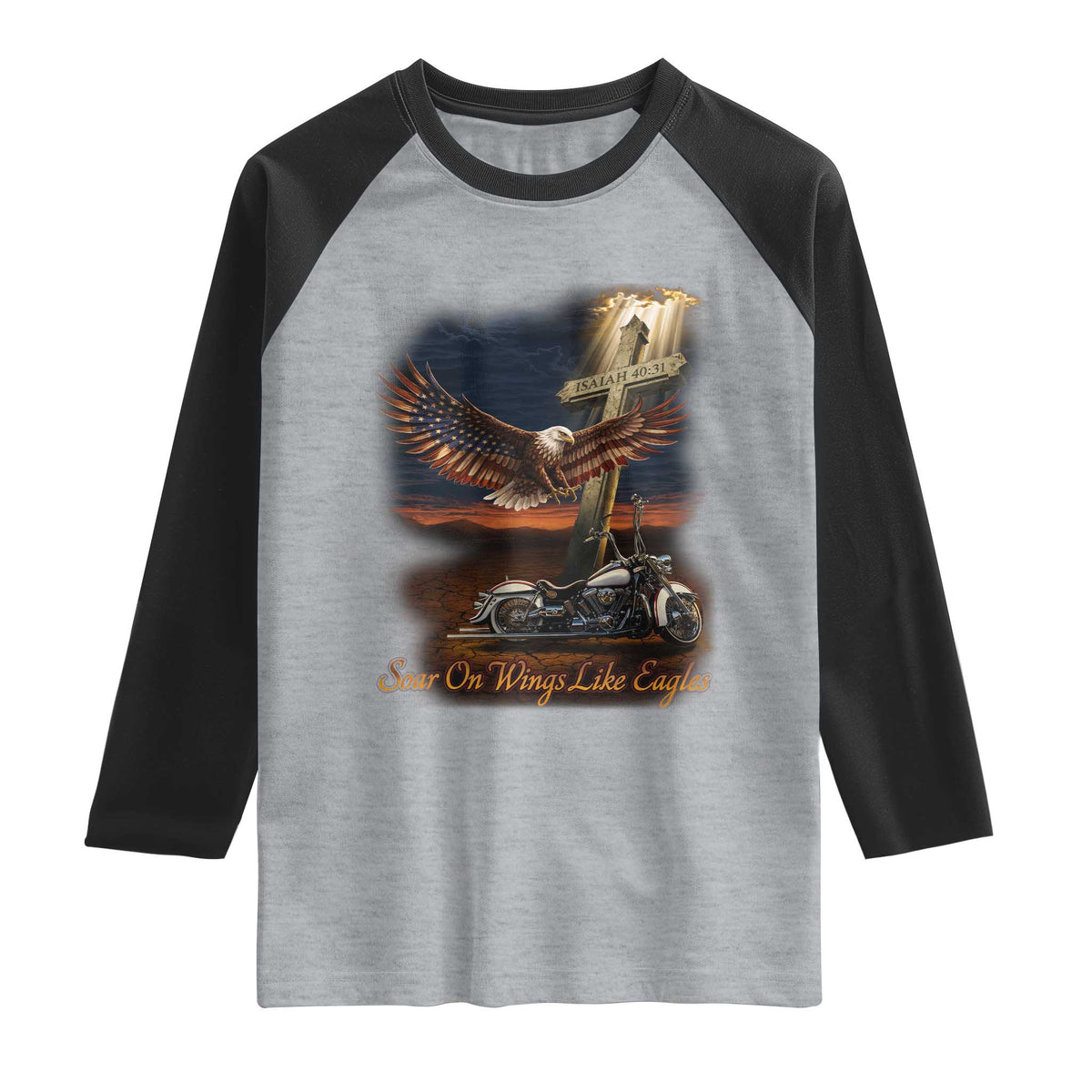 Soar On Wings Like Eagles Christian Raglan Shirt Isaiah 40:31 Bible Verse Faith Motorcycle