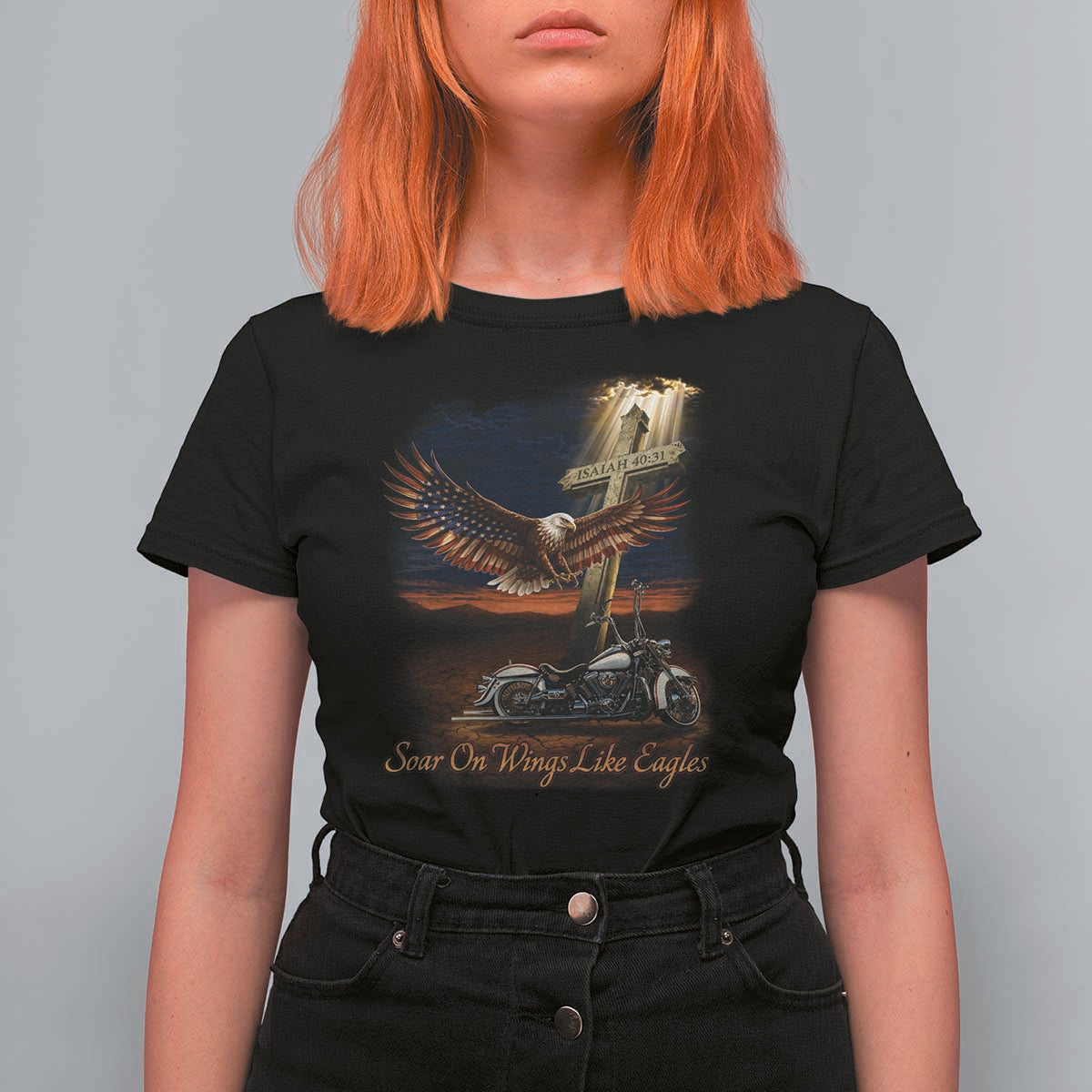 Soar On Wings Like Eagles Christian T Shirt For Women Isaiah 40:31 Bible Verse Faith Motorcycle
