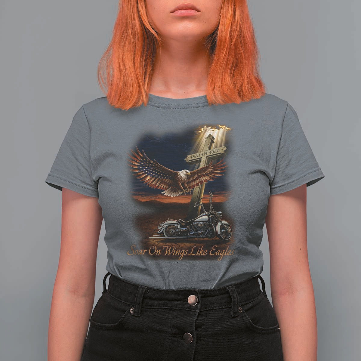 Soar On Wings Like Eagles Christian T Shirt For Women Isaiah 40:31 Bible Verse Faith Motorcycle