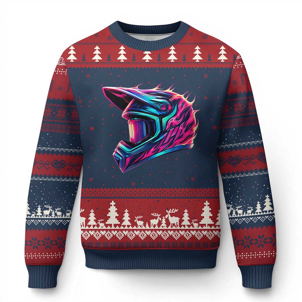 Motocross Helmet Neon Flame Graphic Dirt Bike Racing Ugly Christmas Sweater