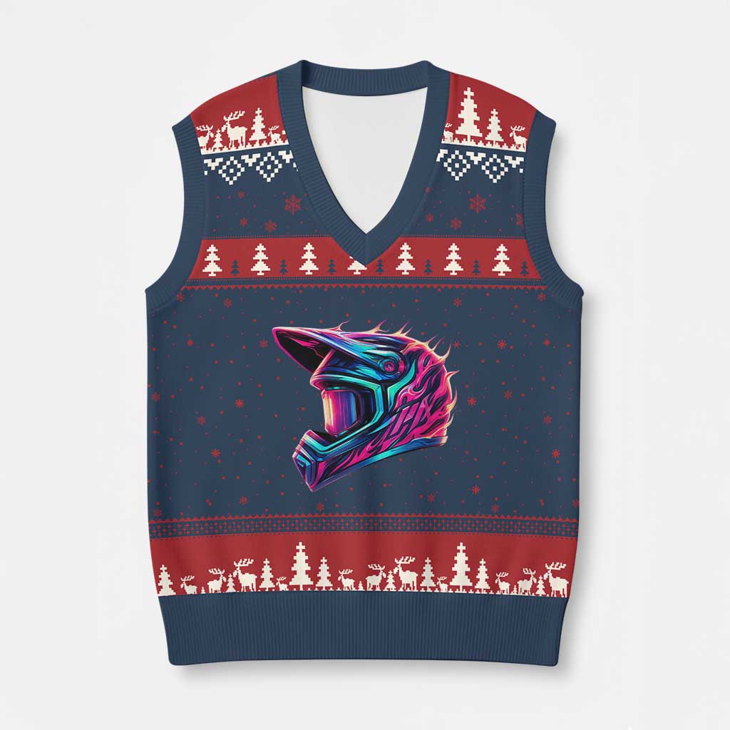 Motocross Helmet Neon Flame Graphic Dirt Bike Racing V-Neck Knit Sweater Vest