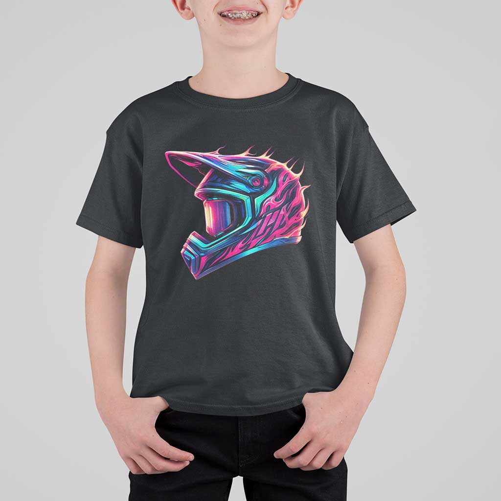 Motocross Helmet Neon Flame Graphic Dirt Bike Racing T Shirt For Kid