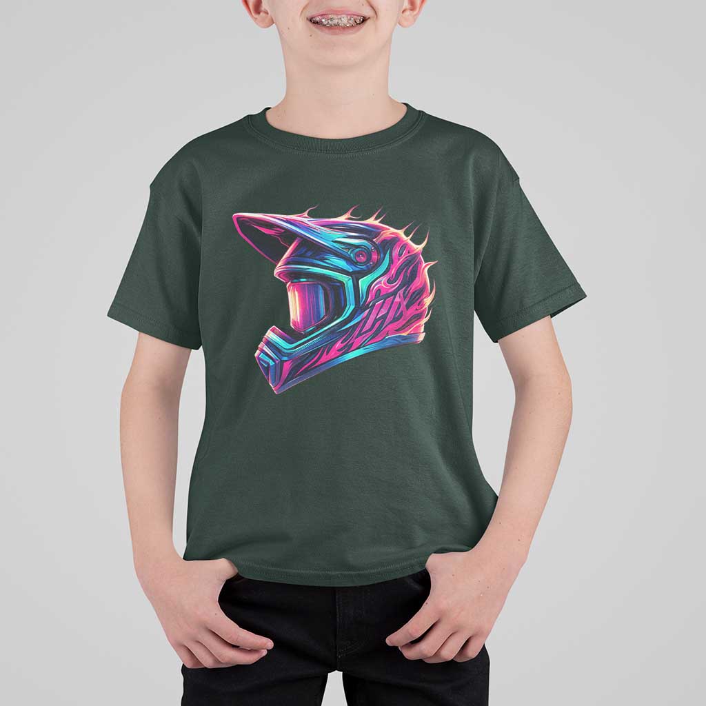 Motocross Helmet Neon Flame Graphic Dirt Bike Racing T Shirt For Kid